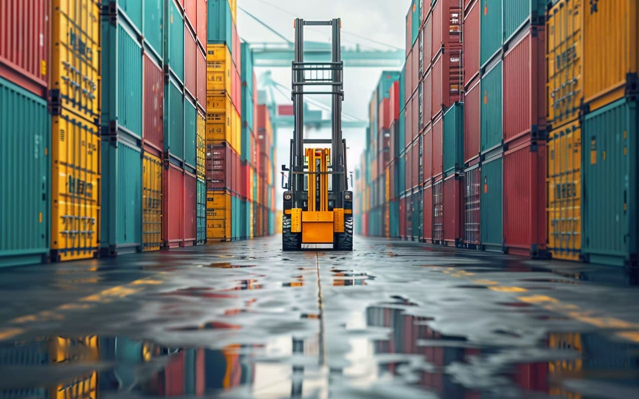 Heftruck tussen rijen gestapelde containers