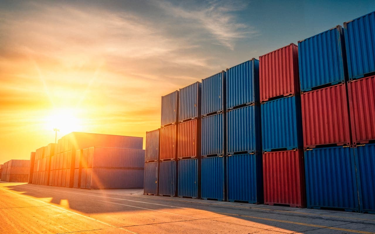 Gestapelde containers bij zonsondergang op een terrein